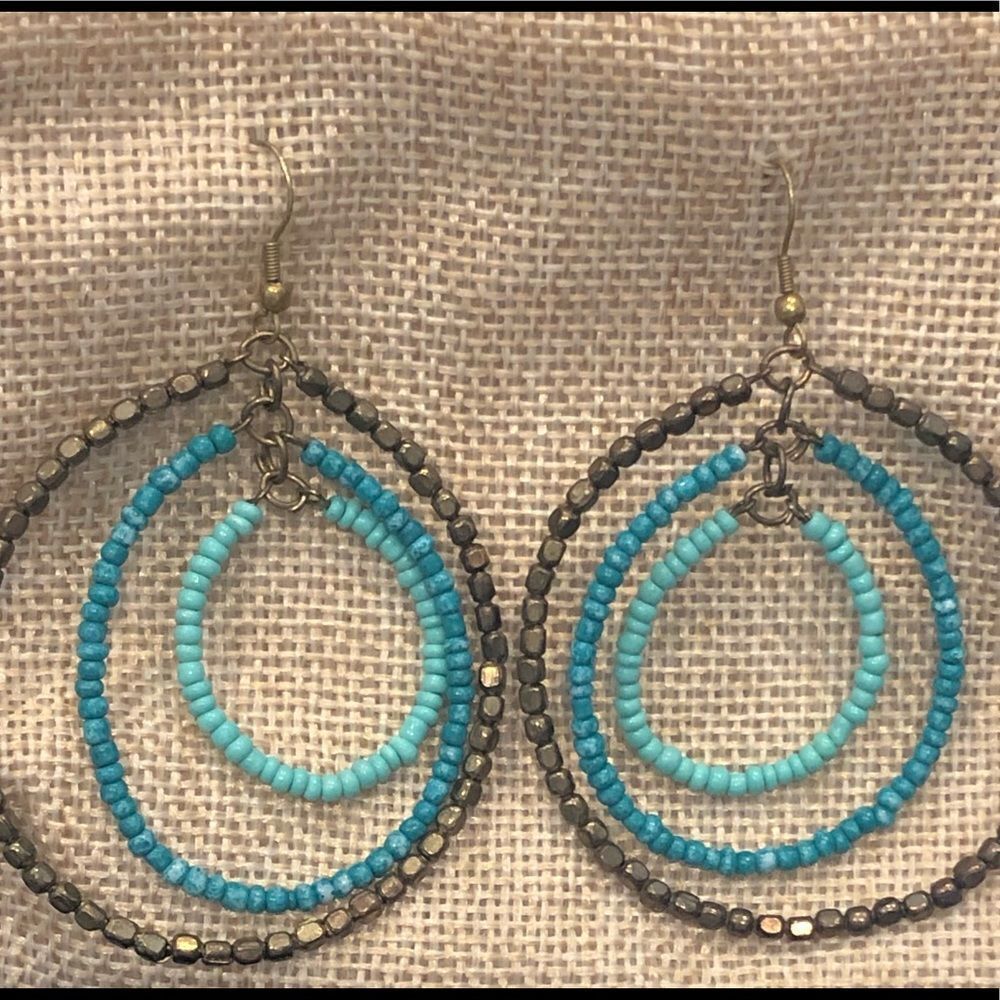 Native American Symbolic 3Circles Hand Beaded  Diablo Brass & Turquoise Earrings